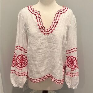 J.Crew Women’s White Linen Peasant Top with Red Embroidery